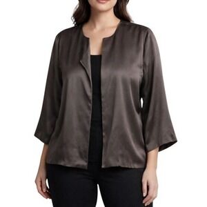 Eileen Fisher Silk Open Front Jacket Womens Medium Brown Minimalist Lightweight